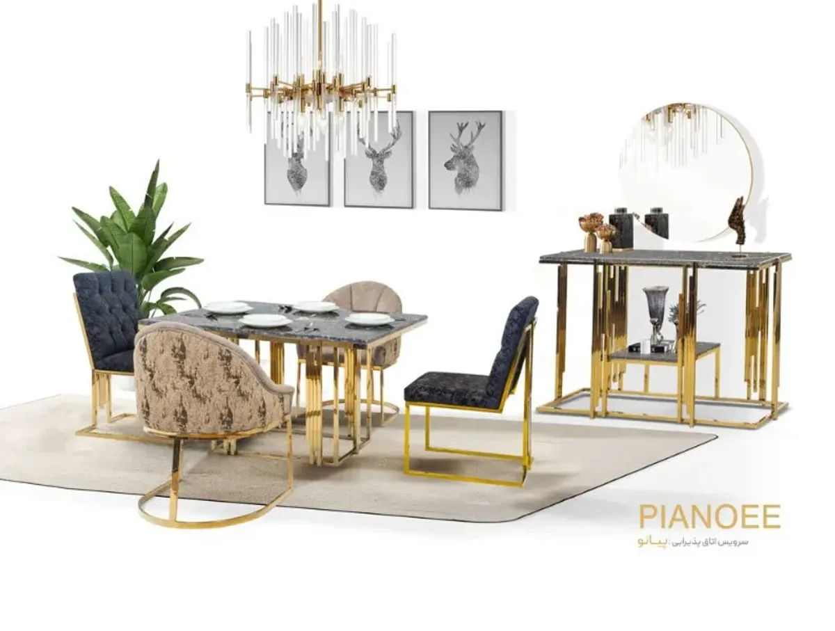 Pianoi咖啡桌套组，现代金色桌腿与石材桌面，混合天鹅绒椅子，明亮装修及镜面玄关台