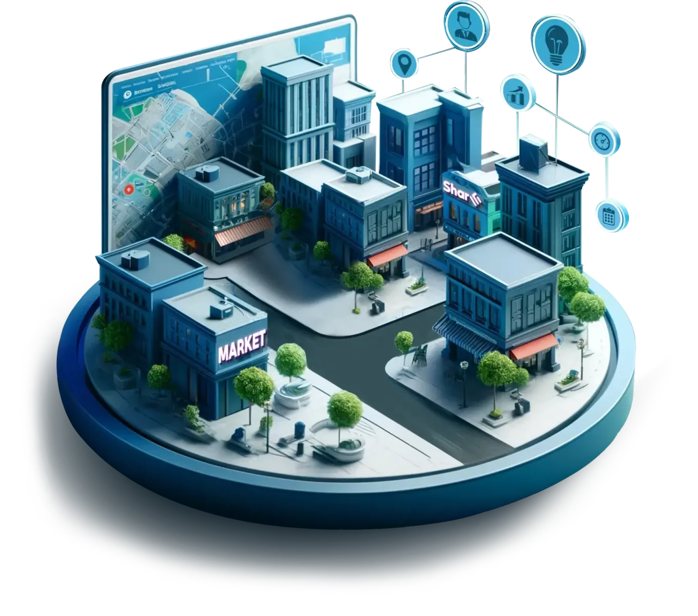 3D illustration of a digital marketplace with buildings and icons representing businesses on Sharmarket, symbolizing global business connections.