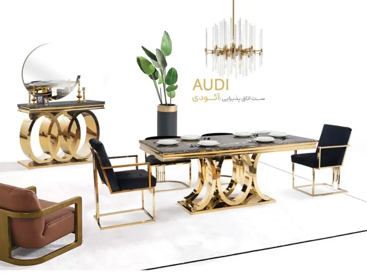 Audi咖啡桌套组，金色环形桌腿与黑色石材桌面，搭配现代椅子与镜面玄关台