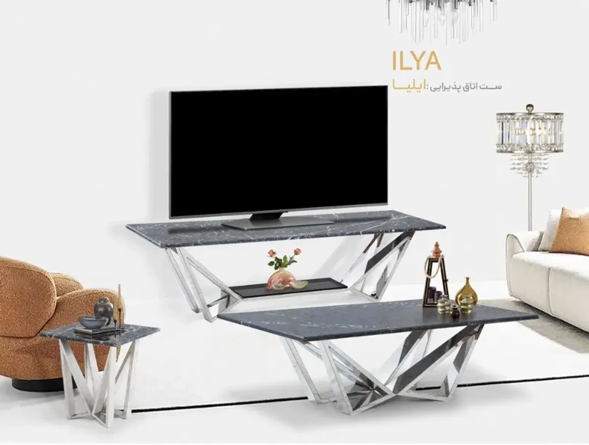 Iliya咖啡桌套组，现代金属桌腿与石材桌面，客厅装饰