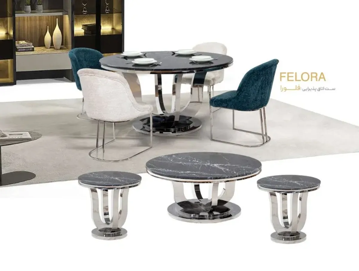 Flora咖啡桌套组，亮钢桌腿与圆型石材桌面，搭配现代椅子