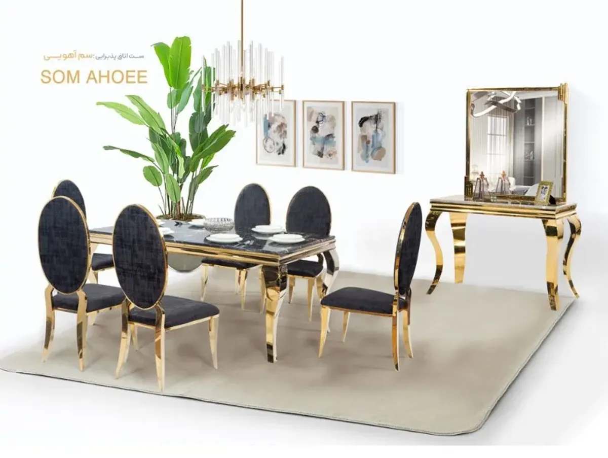鹿蹄咖啡桌套组，弯曲金色桌腿与黑色石材桌面，搭配深色天鹅绒椅子及镜面玄关台