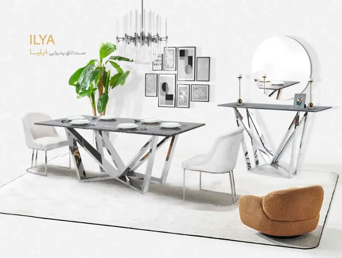 Iliya咖啡桌套组，几何钢腿与黑色石材桌面，搭配镜面玄关台及现代椅子，明亮装修