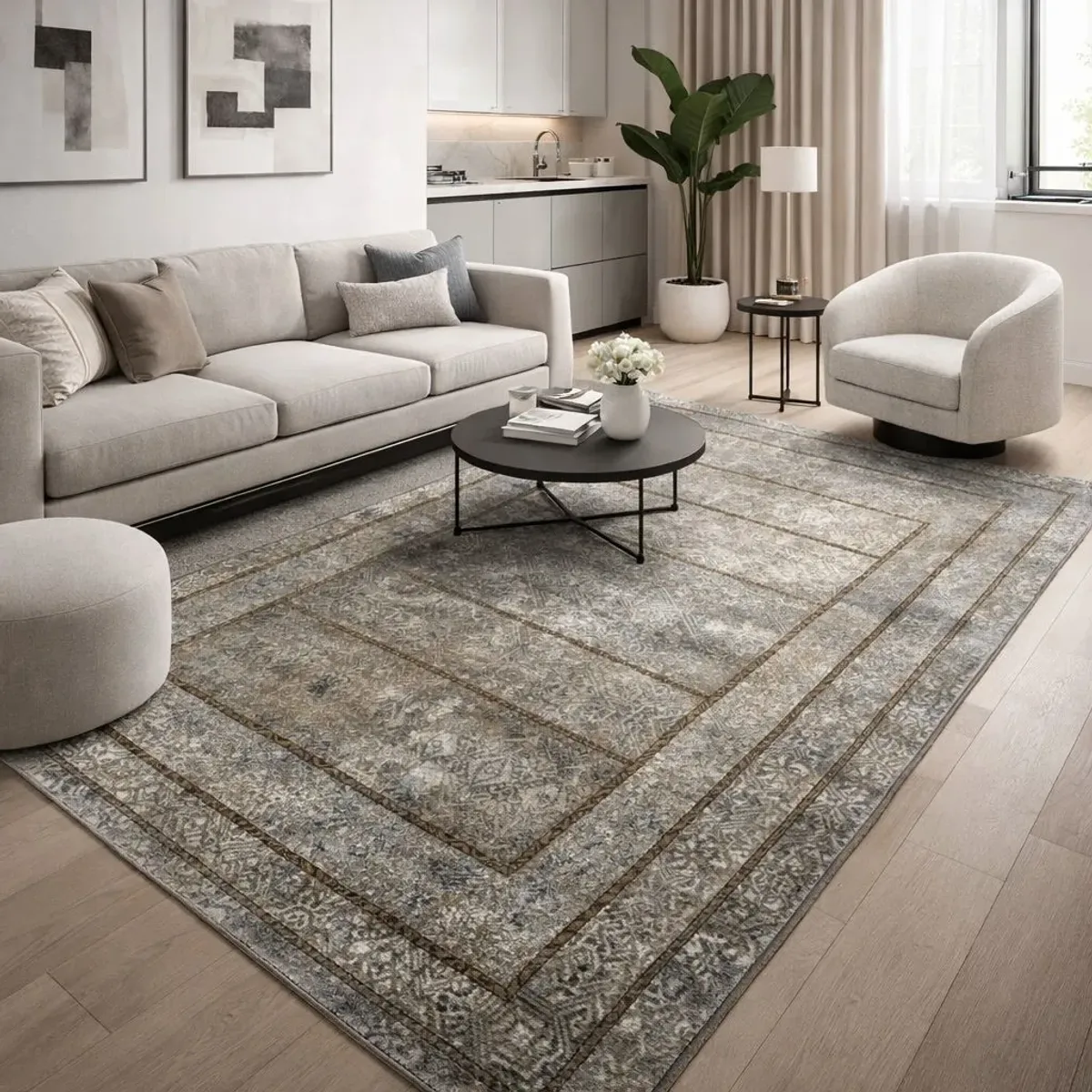 ڕازاندنەوەی مۆدێرنی ژووری دانیشتن بە فەرشێکی ڕەنگی ڕەساسی ڕووناک