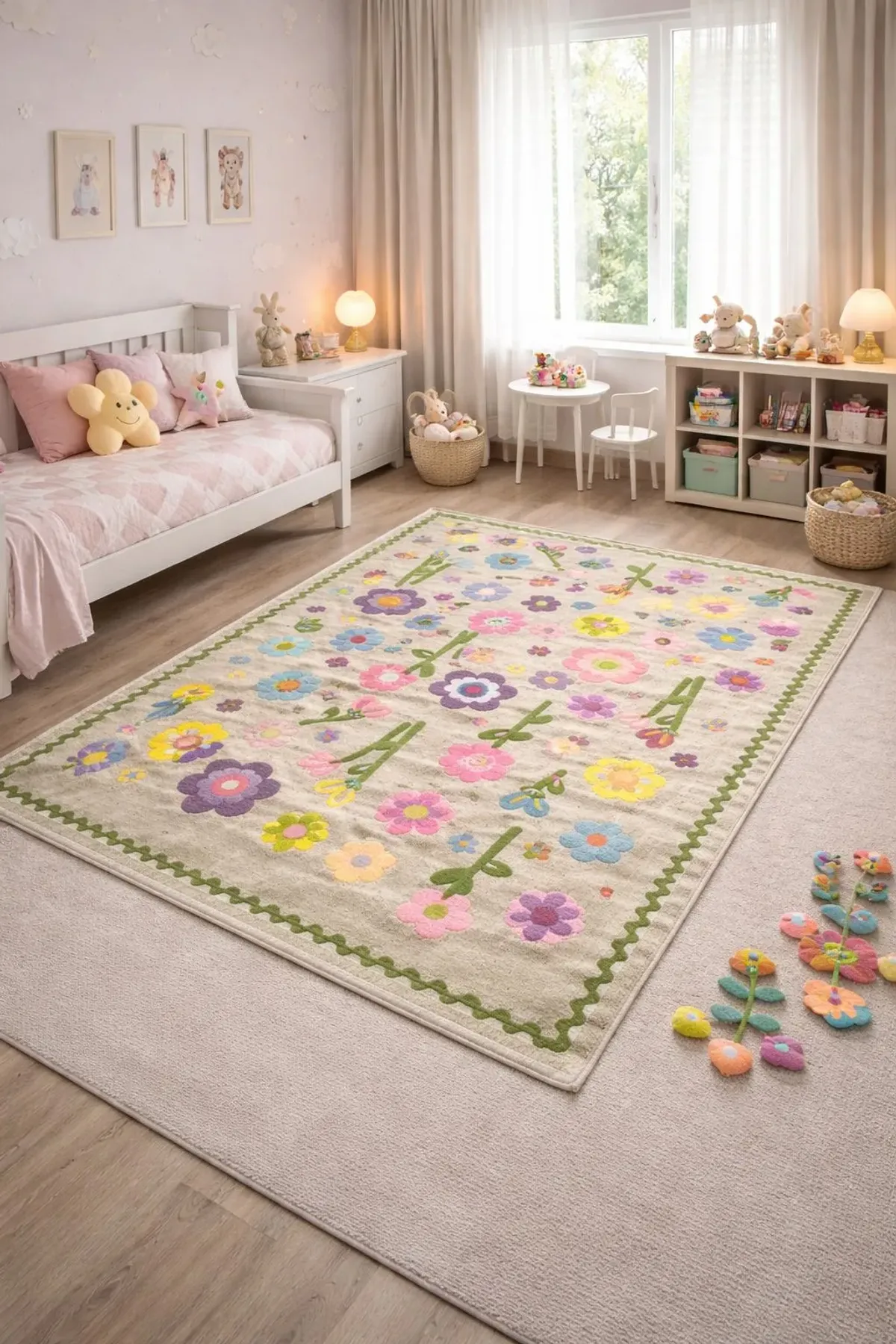 بۆشاییەکی ئارامی دانیشتن بە فەرشێکی مۆدێرن