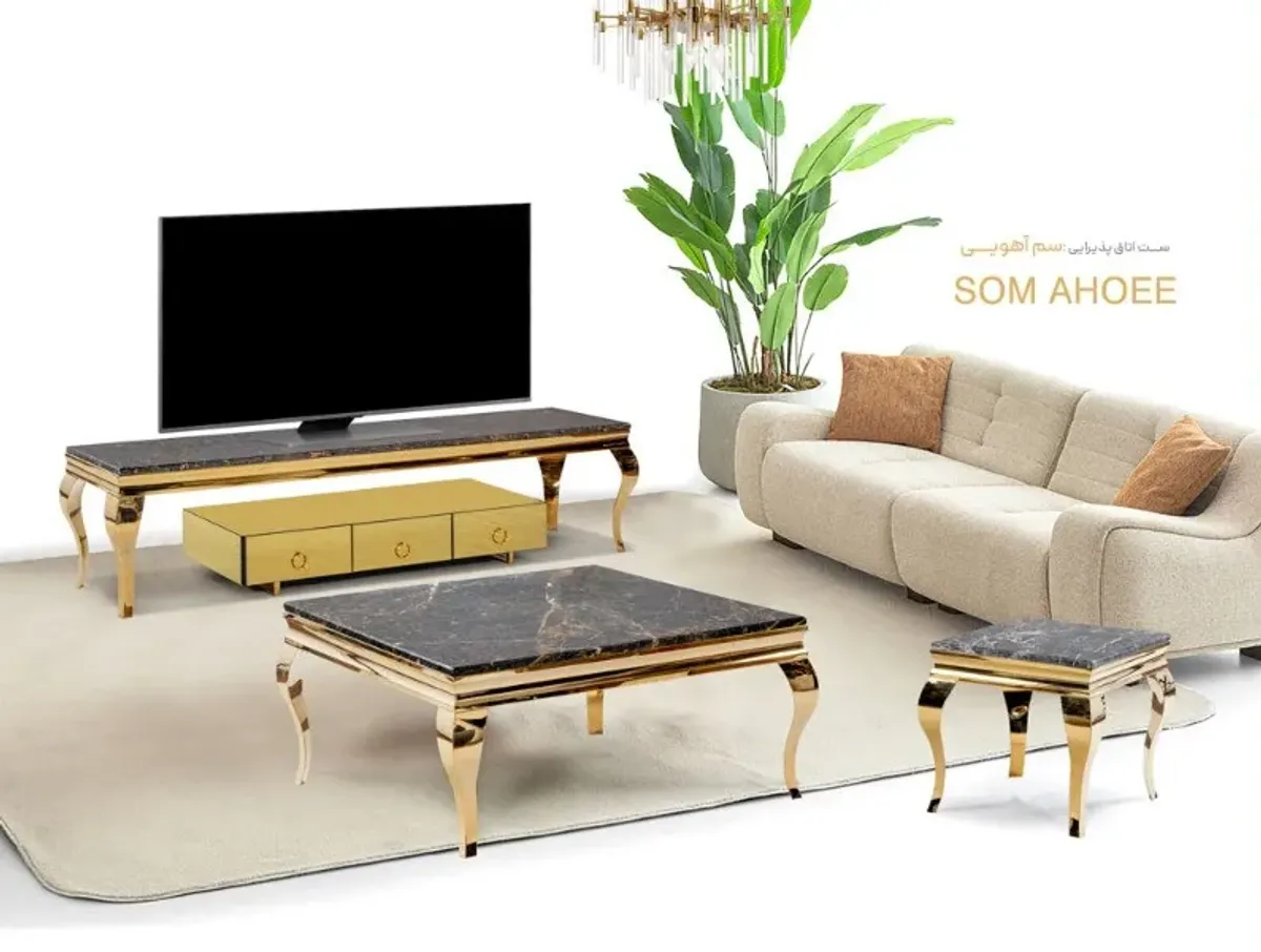 鹿蹄咖啡桌套组，弯曲金色桌腿与石材桌面，客厅装饰