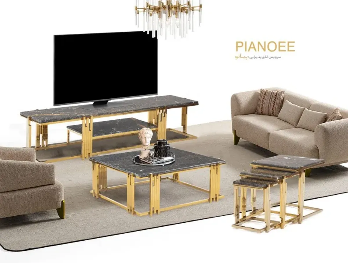 Piano咖啡桌套组，金色桌腿与石材桌面，客厅装饰