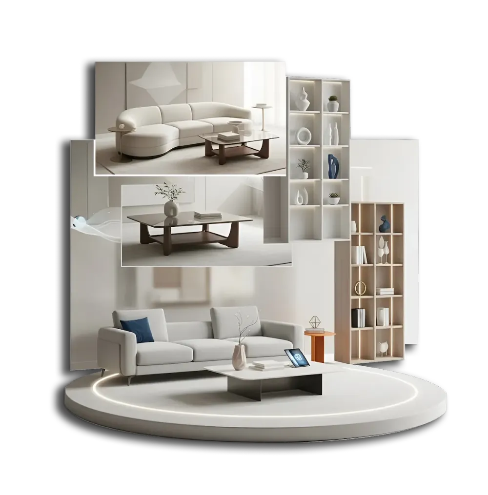 一个数字市场的3D插图，带有代表Sharmarket业务的建筑和图标，象征着全球业务连接。