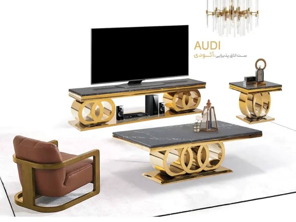Audi咖啡桌套组，金色桌腿与石材桌面，客厅装饰