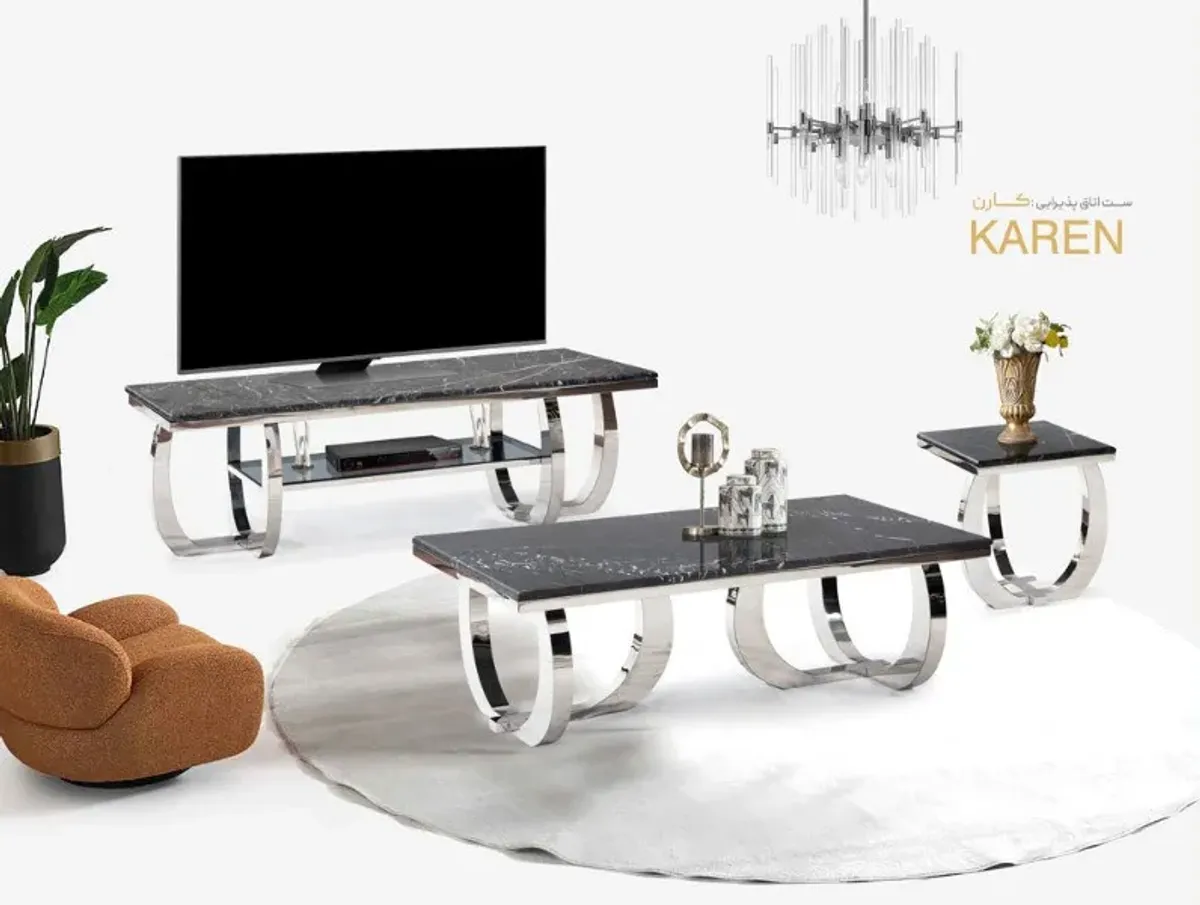 Karen咖啡桌套组，亮钢桌腿与黑色石材桌面